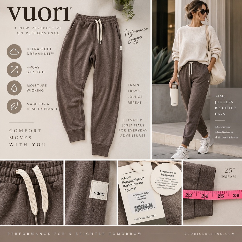 NWT Vuori Performance Jogger XS Brown Heather DreamKnit 25" Athleisure